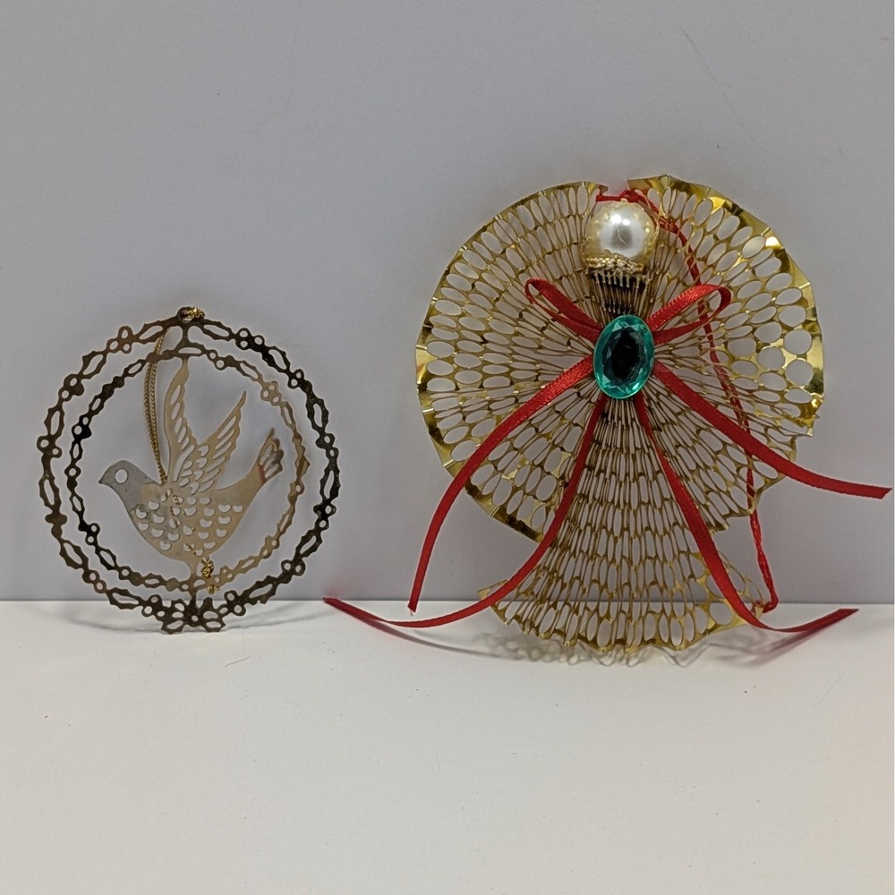 Gold Metal Angel Dove Wreath Ornament Set of 2 Christmas Holiday Decor Vintage